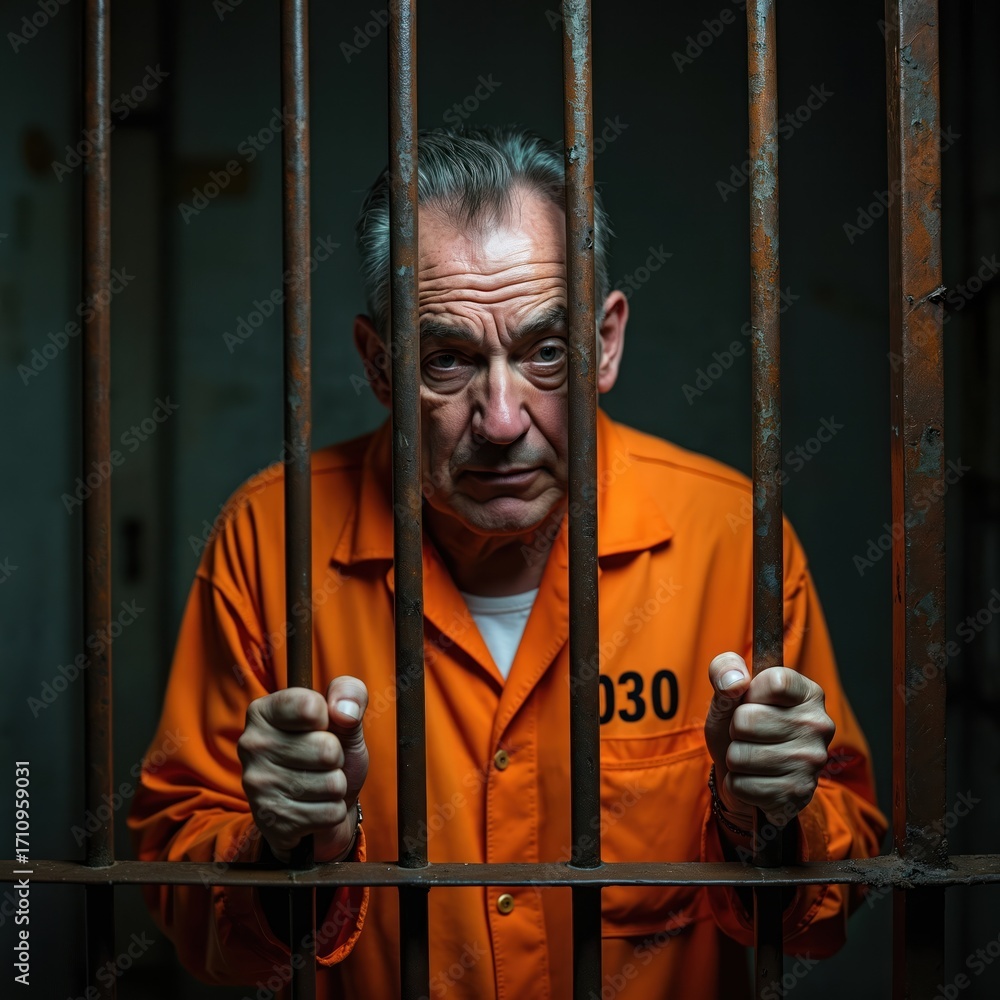 Senior man behind bars in prison cell